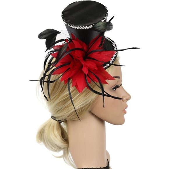 Mini Red Feather Fascinator Hat Womens Wedding Cocktail Party Accessory main image 4